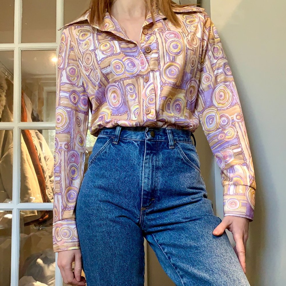 Vintage 1970s Disco Button Down Satin Blouse